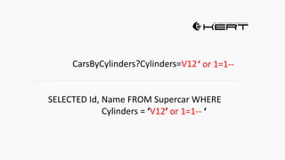CarsByCylinders?Cylinders=V12
SELECTED Id, Name FROM Supercar WHERE
Cylinders = ‘V12’‘ or 1=1--
‘ or 1=1--
‘
 