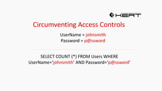 Circumventing Access Controls
UserName = johnsmith
Password = p@ssword
SELECT COUNT (*) FROM Users WHERE
UserName=‘johnsmith’ AND Password=‘p@ssword’
 