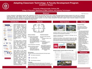 A study conducted in Team-Based Learning (TBL) classrooms confirmed that technology barriers exist in these technology-enhanced learning spaces just as they do in traditional
classrooms (Ertmer, 1999; Wheeler, 2015). This research study aims to ameliorate the TBL classroom technology adoption factors and barriers found in previous literature through
mixed methods and action research by examining the following research question; how does a faculty development intervention program impact instructors’ adoption of classroom
technologies and influence their ability to negotiate technology barriers?
Learning technology barriers are well
defined in traditional classrooms. Yet
faculty experience additional and
unique challenges pedagogically
when teaching in Team-Based
Learning (TBL) classrooms (Van
Horne et al., 2014; Van Horne,
Murniati, Gaffney, & Jesse, 2012). The
pedagogical support that instructors
received is well covered in faculty
development literature (Foote, 2014).
However, there is less support for
faculty to address technological
barriers experienced during their
pedagogical pivot into these new
technology-enhanced learning
spaces.
The research question is examined
using experiential learning, the adult
learning theory pioneered by Kolb
(2000; 1984). Research methods
include classroom observations,
online surveys, and consultations in
order to investigate the faculty
adoption of technology in TBL
classrooms. This poster discusses
preliminary results of the study.
Overall findings of this ongoing
research study will contribute to the
larger literature on Active Learning
Classrooms (ALC’s) and to technology
adoption and barriers research. This
study will also add insights into the
practitioner field of faculty
development in technology by way of
the underpinning action research
methodology which seeks to
ameliorate the challenging technology
issues that instructors experience in
technology-enhanced learning
spaces. Additionally, this study
provides insights for faculty
development practitioners supporting
instructional technologies.
Adopting Classroom Technology: A Faculty Development Program
Bradford D. Wheeler
University of Massachusetts, Amherst, MA
College of Education, Department of Math, Science, and Learning Technologies
Introduction Methods
Abstract
Review of Literature
Constructivist Learning Spaces
• SCALE-UP Classrooms
• TILE (Transform, Interact
Learn, Engage) Classrooms
• TEAL (Technology Enabled
Active Learning) Classrooms
• TBL (Team-Based Learning)
Classrooms
Faculty Development in Technology
Adoption and Barriers Literature
• First-order (lack of time,
training, support, etc.)
• Second-order (compatibility
with beliefs, philosophy, etc.)
Data Analysis Results
Descriptive statistics will be utilized to capture the cohort profile of
technology use and demographics of participants
Classroom observations will be analyzed for technology use and
frequency of use by instructor
Qualitative data analysis is being conducted through open coding
which helps uncover themes and subthemes in qualitative data (Ryan
& Bernard, 2003). Braun and Clarke’s thematic analysis guide (2006)
will be utilized as a framework to analyze qualitative interview data.
With the above data, technology use over time will be discussed.
References
Braun, V., & Clarke, V. (2006). Using thematic analysis in psychology. Qualitative Research in
Psychology, 3(2), 77–101. doi:10.1191/1478088706qp063oa
Ertmer, P. A. (1999). Addressing first- and second-order barriers to change: Strategies for
technology integration. Educational Technology Research and Development, 47(4), 47–61.
doi:10.1007/BF02299597
Foote, K. T. (2014). Factors Underlying the Adoption and Adaption of a University Physics
Reform over Three Generations of Implementation Kathleen Teressa Foote North Carolina
State University. Electronic Journal of Science Education, 18(3).
Kolb, D. A. (1984). Experiential learning: Experience as the source of learning and development
(Vol. 1.). Englewood Cliffs, NJ: Prentice-Hall.
Kolb, D. A. (2000). The Process of Experiential Learning. In Strategic Learning in a Knowledge
Economy (pp. 313–331). Elsevier. doi:10.1016/B978-0-7506-7223-8.50017-4
Van Horne, S., Murniati, C., Gaffney, J. D. H., & Jesse, M. (2012). Promoting Active Learning in
Technology-Infused TILE Classrooms at the University of Iowa TILE Classrooms at the
University of Iowa. Journal of Learning Spaces, 1(2).
Van Horne, S., Murniati, C. T., Saichaie, K., Jesse, M., Florman, J. C., & Ingram, B. F. (2014).
Using Qualitative Research to Assess Teaching and Learning in Technology-Infused TILE
Classrooms. New Directions for Teaching and Learning, 2014(137), 17–26.
doi:10.1002/tl.20082
Walker, J. D., Brooks, D. C., & Baepler, P. (2011). Pedagogy and Space: Empirical Research
on New Learning Environments. EDUCAUSE Quarterly, 34(4).
Wheeler, B. D. (2015). Factors that Influence Faculty Adoptions of Technologies in Team-
Based Learning (TBL) Classrooms. Unpublished Manuscript.
Theoretical Framework
Kolb (1984, 2000) Experiential
Learning
• An iterative model of in-situ
learning
Action Research
• Praxis research aligned
with professional
development
Action research connects the
androgogical foundations of
Kolb’s experiential learning to
data collection activities
pertaining to technology
adoption.
Data Collection
Semester-long faculty development/education technology program.
Two classroom observations
Two online surveys
Two technology consultations
Participants
13 cross-discipline instructors with various levels of TBL classroom
teaching experience. All instructors were assigned to one of five new TBL
classrooms at UMass Amherst, each seating between 54-99 students.
Qualitative Analysis Framework (Braun and Clarke, 2006)
Emergent Findings
Data analysis is at Phase I.
Preliminary and early analysis
indicates the following about
faculty:
• Lack of time to prepare lessons
• Lack of technology to meet all
disciplines (for example, audio
equipment is not sufficient for
faculty in fields that use sound,
e.g. music, phonetics)
• Instructors select a small
subset of technology based on
pedagogical need
• Unreliable equipment and
hardware failures are cited
frequently, faculty often
avoided such tools afterwards.
• Access to on-site support
services is not always clear or
accessible
• Converting a course
pedagogically to active
learning is very demanding,
similarly, the technology
required to support this shift is
also challenging to adopt and
maintain
 