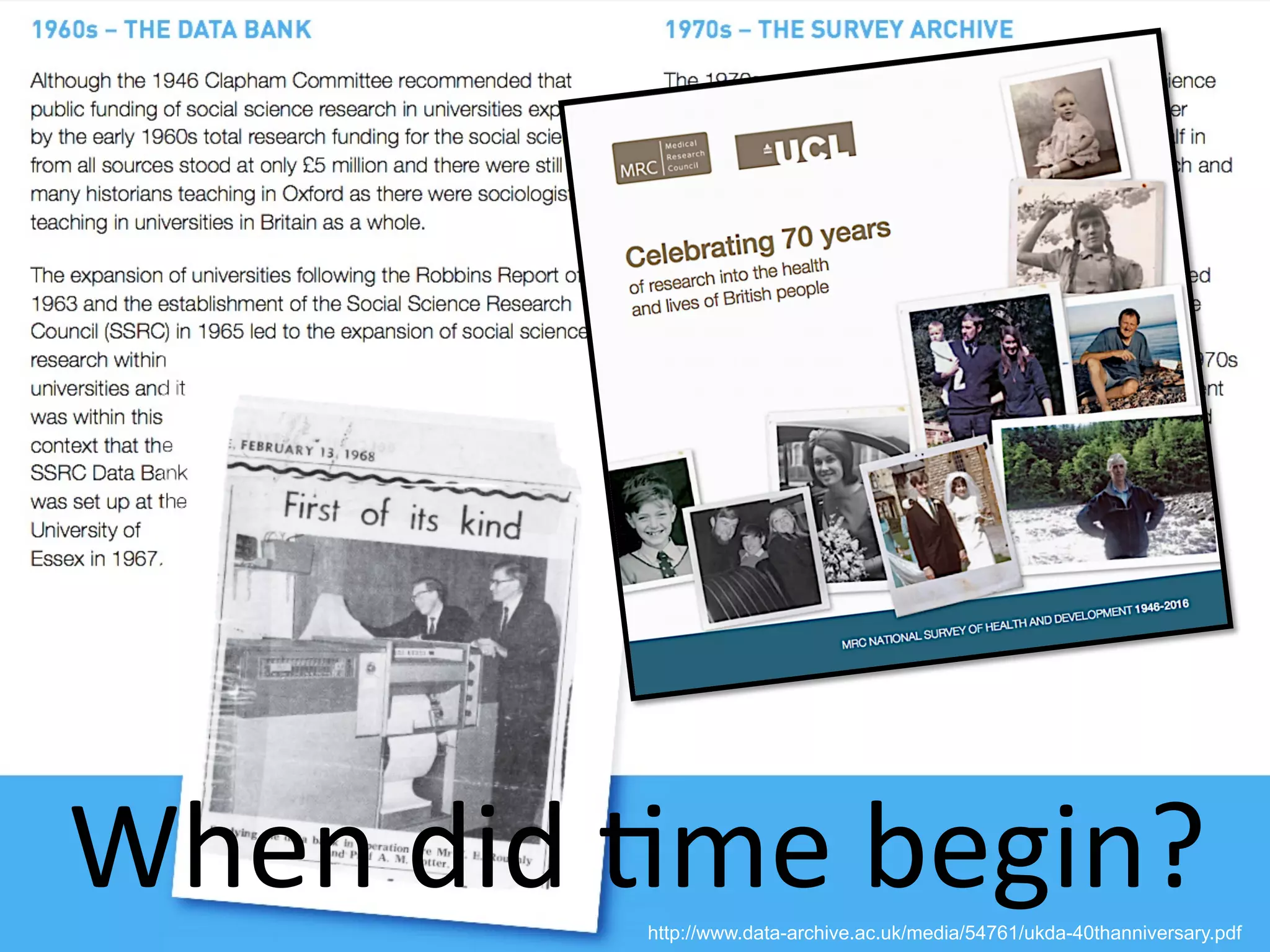 http://www.data-archive.ac.uk/media/54761/ukda-40thanniversary.pdf
When	did	(me	begin?	
 