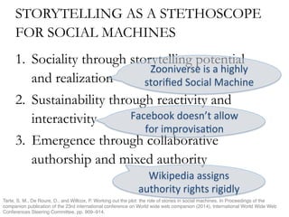 STORYTELLING AS A STETHOSCOPE
FOR SOCIAL MACHINES
1.  Sociality through storytelling potential
and realization
2.  Sustainability through reactivity and
interactivity
3.  Emergence through collaborative
authorship and mixed authority
Zooniverse	is	a	highly	
storiﬁed	Social	Machine	
Facebook	doesn’t	allow	
for	improvisa(on	
Wikipedia	assigns	
authority	rights	rigidly	
Tarte, S. M., De Roure, D., and Willcox, P. Working out the plot: the role of stories in social machines. In Proceedings of the
companion publication of the 23rd international conference on World wide web companion (2014), International World Wide Web
Conferences Steering Committee, pp. 909–914."
 