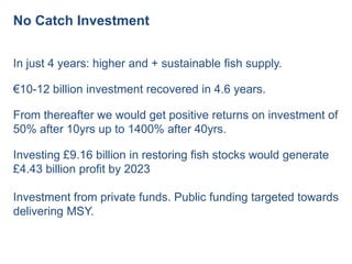 No Catch Investment


In just 4 years: higher and + sustainable fish supply.

€10-12 billion investment recovered in 4.6 years.

From thereafter we would get positive returns on investment of
50% after 10yrs up to 1400% after 40yrs.

Investing £9.16 billion in restoring fish stocks would generate
£4.43 billion profit by 2023

Investment from private funds. Public funding targeted towards
delivering MSY.
 