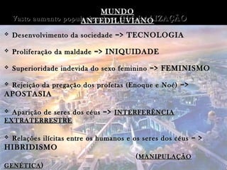  Vasto aumento populacionalVasto aumento populacional => GLOBALIZAÇÃO=> GLOBALIZAÇÃO
 Desenvolvimento da sociedadeDesenvolvimento da sociedade => TECNOLOGIA=> TECNOLOGIA
 Proliferação da maldadeProliferação da maldade => INIQUIDADE=> INIQUIDADE
 Superioridade indevida do sexo femininoSuperioridade indevida do sexo feminino => FEMINISMO=> FEMINISMO
 Rejeição da pregação dos profetas (Enoque e Noé)Rejeição da pregação dos profetas (Enoque e Noé) =>=>
APOSTASIAAPOSTASIA
 Aparição de seres dos céusAparição de seres dos céus =>=> INTERFERÊNCIAINTERFERÊNCIA
EXTRATERRESTREEXTRATERRESTRE
 Relações ilícitas entre os humanos e os seres dos céusRelações ilícitas entre os humanos e os seres dos céus = >= >
HIBRIDISMOHIBRIDISMO
((MANIPULAÇÃOMANIPULAÇÃO
GENÉTICAGENÉTICA ))
MUNDOMUNDO
ANTEDILUVIANOANTEDILUVIANO
 