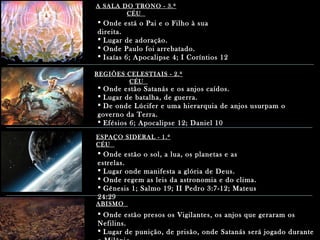 A SALA DO TRONO - 3.ºA SALA DO TRONO - 3.º
CÉUCÉU
REGIÕES CELESTIAIS - 2.ºREGIÕES CELESTIAIS - 2.º
CÉUCÉU
ESPAÇO SIDERAL - 1.ºESPAÇO SIDERAL - 1.º
CÉUCÉU
ABISMOABISMO
 Onde está o Pai e o Filho à suaOnde está o Pai e o Filho à sua
direita.direita.
 Lugar de adoração.Lugar de adoração.
 Onde Paulo foi arrebatado.Onde Paulo foi arrebatado.
 Isaías 6; Apocalipse 4; I Coríntios 12Isaías 6; Apocalipse 4; I Coríntios 12
 Onde estão Satanás e os anjos caídos.Onde estão Satanás e os anjos caídos.
 Lugar de batalha, de guerra.Lugar de batalha, de guerra.
 De onde Lúcifer e uma hierarquia de anjos usurpam oDe onde Lúcifer e uma hierarquia de anjos usurpam o
governo da Terra.governo da Terra.
 Efésios 6; Apocalipse 12; Daniel 10Efésios 6; Apocalipse 12; Daniel 10
 Onde estão o sol, a lua, os planetas e asOnde estão o sol, a lua, os planetas e as
estrelas.estrelas.
 Lugar onde manifesta a glória de Deus.Lugar onde manifesta a glória de Deus.
 Onde regem as leis da astronomia e do clima.Onde regem as leis da astronomia e do clima.
 Gênesis 1; Salmo 19; II Pedro 3:7-12; MateusGênesis 1; Salmo 19; II Pedro 3:7-12; Mateus
24:2924:29
 Onde estão presos os Vigilantes, os anjos que geraram osOnde estão presos os Vigilantes, os anjos que geraram os
Nefilins.Nefilins.
 Lugar de punição, de prisão, onde Satanás será jogado duranteLugar de punição, de prisão, onde Satanás será jogado durante
 