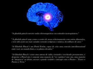 “A glândula pineal surge como o centro de nosso relacionamento com outras dimensões,
e tem sido assim nas mais variadas correntes religiosas e místicas, há milhares de anos.”
“A glândula pineal converte ondas eletromagnéticas em estímulos neuroquímicos.”
“A Glândula Pineal é como uma antena de rádio, enviando e recebendo pensamentos, e
despertar a Pineal não é somente uma maneira de "ver espíritos"; mas sim, uma maneira
de "integrar-se" ao divino, acessar a grande verdade e interagir com o Paraíso - "Trazer o
Paraíso à Terra.”
“A Glândula Pineal é um Portal Estelar, capaz de criar uma conexão interdimensional
entre você, no mundo físico, e os planos elevados.”
 