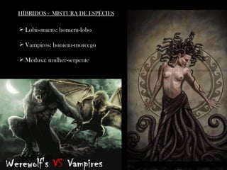 HÍBRIDOS - MISTURA DE ESPÉCIES

 Lobisomens: homem-lobo

 Vampiros: homem-morcego

 Medusa: mulher-serpente
 
