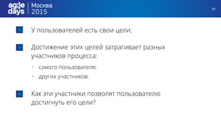 31
У пользователей есть свои цели;
Как эти участники позволят пользователю
достигнуть его цели?
Достижение этих целей затрагивает разных
участников процесса:
• самого пользователя;
• других участников.
 