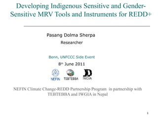 Developing Indigenous Sensitive and Gender-
Sensitive MRV Tools and Instruments for REDD+

                 Pasang Dolma Sherpa
                        Researcher


                  Bonn, UNFCCC Side Event

                       8th June 2011




 NEFIN Climate Change-REDD Partnership Program in partnership with
                 TEBTEBBA and IWGIA in Nepal



                                                                     1
 