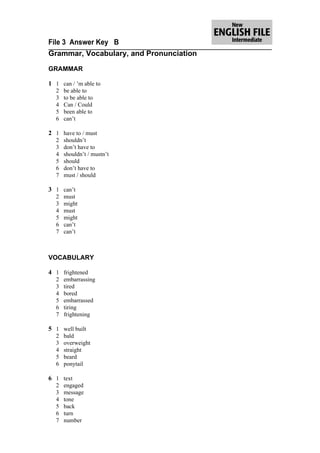 File 3 Answer Key B
Grammar, Vocabulary, and Pronunciation

GRAMMAR

1 1 can / ’m able to
  2   be able to
  3   to be able to
  4   Can / Could
  5   been able to
  6   can’t

2 1 have to / must
  2   shouldn’t
  3   don’t have to
  4   shouldn’t / mustn’t
  5   should
  6   don’t have to
  7   must / should

3 1 can’t
  2   must
  3   might
  4   must
  5   might
  6   can’t
  7   can’t



VOCABULARY

4 1 frightened
  2   embarrassing
  3   tired
  4   bored
  5   embarrassed
  6   tiring
  7   frightening

5 1 well built
  2   bald
  3   overweight
  4   straight
  5   beard
  6   ponytail

6 1 text
  2   engaged
  3   message
  4   tone
  5   back
  6   turn
  7   number
 