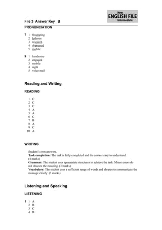 File 3 Answer Key B
PRONUNCIATION

7 1 frustrating
  2   hideous
  3   research
  4   depressed
  5   mobile

8 1 handsome
  2   engaged
  3   mobile
  4   sight
  5   voice mail



Reading and Writing
READING

  1   C
  2   C
  3   C
  4   A
  5   A
  6   C
  7   B
  8   A
  9   C
 10   A



WRITING

  Student’s own answers.
  Task completion: The task is fully completed and the answer easy to understand.
  (4 marks)
  Grammar: The student uses appropriate structures to achieve the task. Minor errors do
  not obscure the meaning. (3 marks)
  Vocabulary: The student uses a sufficient range of words and phrases to communicate the
  message clearly. (3 marks)



Listening and Speaking

LISTENING

1 1 A
  2 B
  3 C
  4 B
 