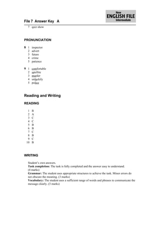 File 7 Answer Key A
  7 quiz show



PRONUNCIATION

8 1 inspector
  2   advert
  3   future
  4   crime
  5   patience

9 1 comfortable
  2   satellite
  3   murder
  4   unluckily
  5   police



Reading and Writing

READING

  1   B
  2   A
  3   C
  4   C
  5   B
  6   B
  7   C
  8   B
  9   C
 10   B



WRITING

  Student’s own answers.
  Task completion: The task is fully completed and the answer easy to understand.
  (4 marks)
  Grammar: The student uses appropriate structures to achieve the task. Minor errors do
  not obscure the meaning. (3 marks)
  Vocabulary: The student uses a sufficient range of words and phrases to communicate the
  message clearly. (3 marks)
 