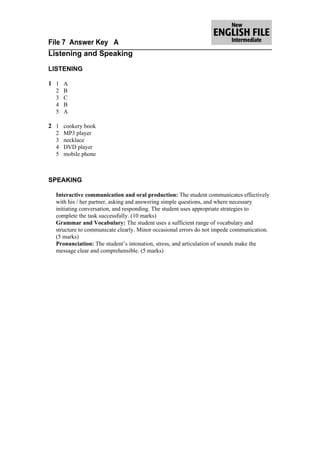 File 7 Answer Key A
Listening and Speaking

LISTENING

1 1 A
  2   B
  3   C
  4   B
  5   A

2 1 cookery book
  2   MP3 player
  3   necklace
  4   DVD player
  5   mobile phone



SPEAKING

  Interactive communication and oral production: The student communicates effectively
  with his / her partner, asking and answering simple questions, and where necessary
  initiating conversation, and responding. The student uses appropriate strategies to
  complete the task successfully. (10 marks)
  Grammar and Vocabulary: The student uses a sufficient range of vocabulary and
  structure to communicate clearly. Minor occasional errors do not impede communication.
  (5 marks)
  Pronunciation: The student’s intonation, stress, and articulation of sounds make the
  message clear and comprehensible. (5 marks)
 