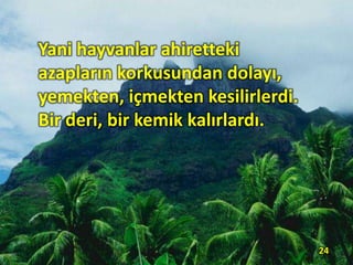 Yani hayvanlar ahiretteki
azapların korkusundan dolayı,
yemekten, içmekten kesilirlerdi.
Bir deri, bir kemik kalırlardı.
24
 