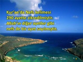 Kur’an’da Nefs kelimesi
290 ayette zikredilmiştir.
Allah’ın diğer ayetler gibi
nefs de bir ayet sayılmıştir.
5
 