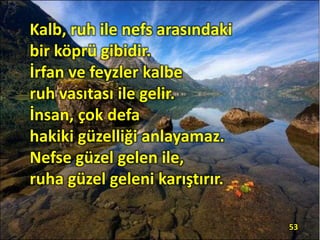 Kalb, ruh ile nefs arasındaki
bir köprü gibidir.
İrfan ve feyzler kalbe
ruh vasıtası ile gelir.
İnsan, çok defa
hakiki güzelliği anlayamaz.
Nefse güzel gelen ile,
ruha güzel geleni karıştırır.
53
 