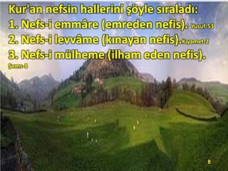 Kur'an nefsin hallerini şöyle sıraladı:
1. Nefs-i emmâre (emreden nefis). Yusuf-53
2. Nefs-i levvâme (kınayan nefis).Kıyamet-2
3. Nefs-i mülheme (ilham eden nefis).
Şems-8
8
 