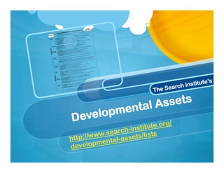 The Search Institute’s
Developmental Assets
http://www.search-institute.org/
developmental-assets/lists
 