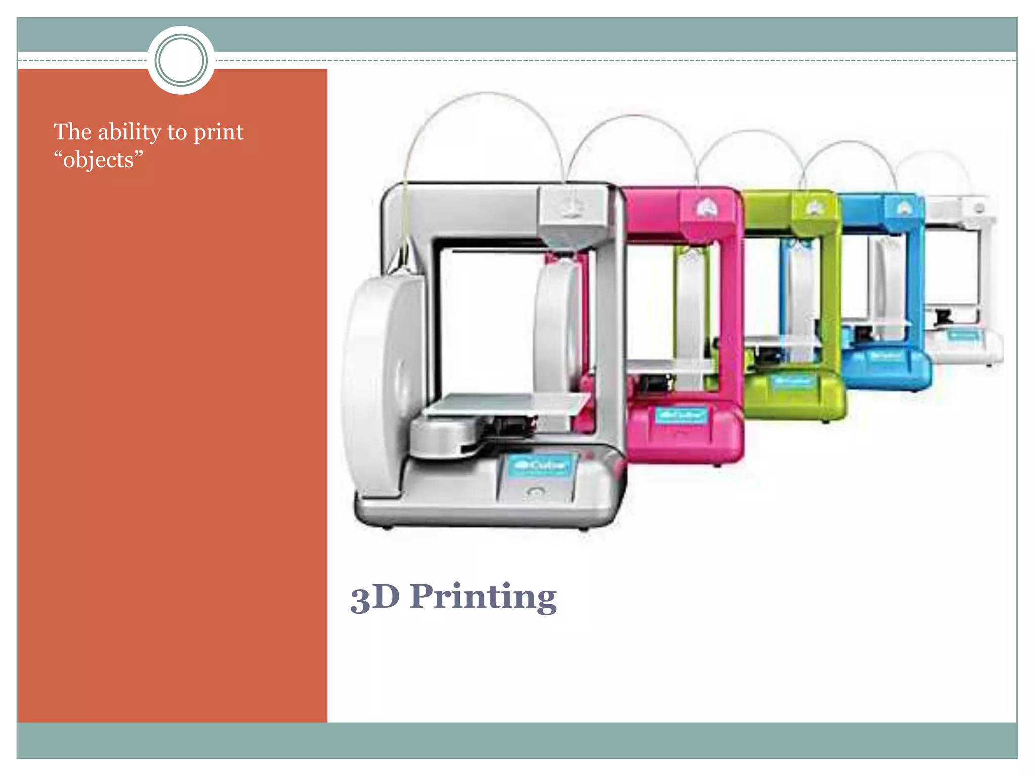 3D Printing
The ability to print
“objects”
 
