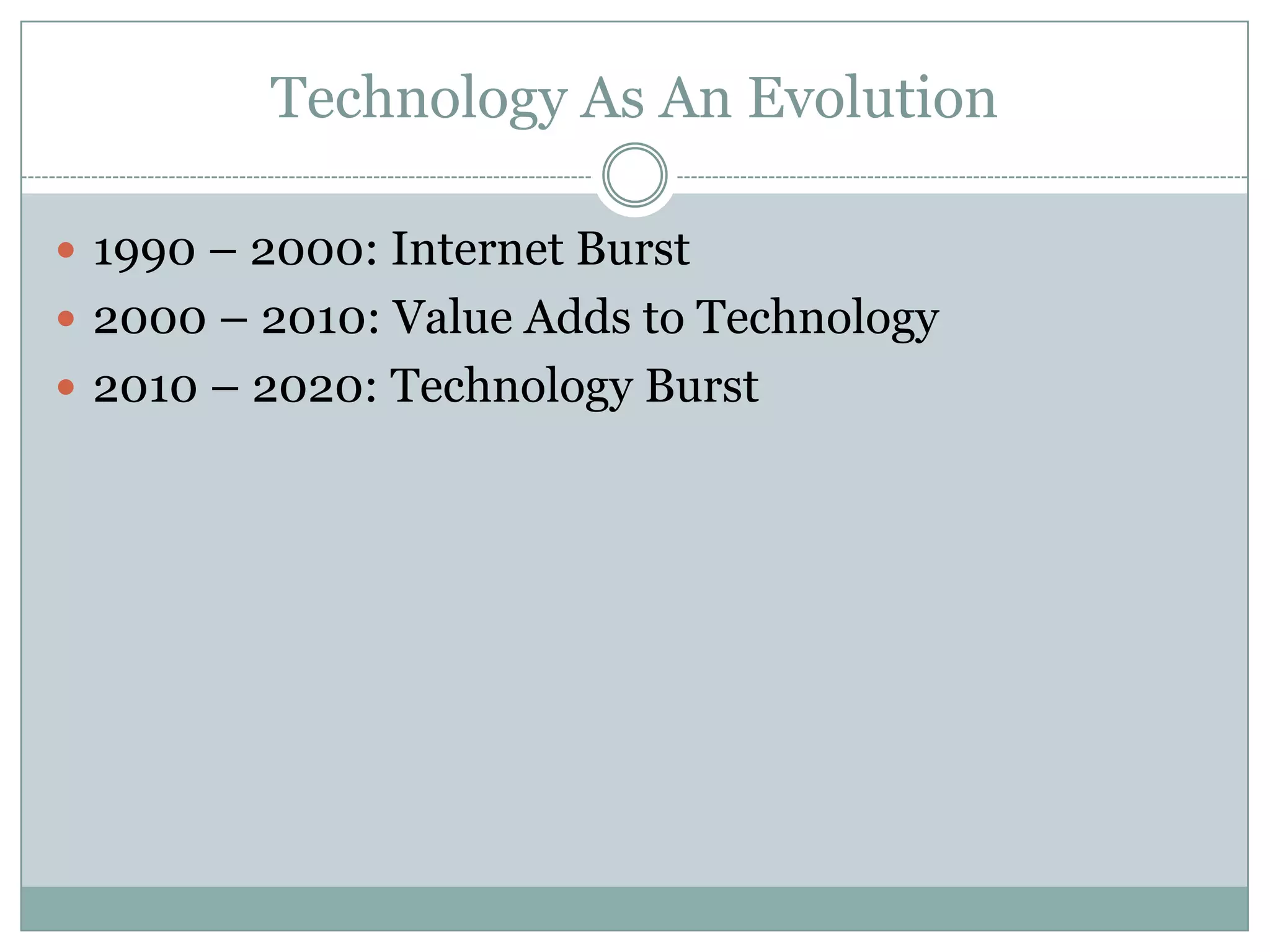 Technology As An Evolution
 1990 – 2000: Internet Burst
 2000 – 2010: Value Adds to Technology
 2010 – 2020: Technology Burst
 