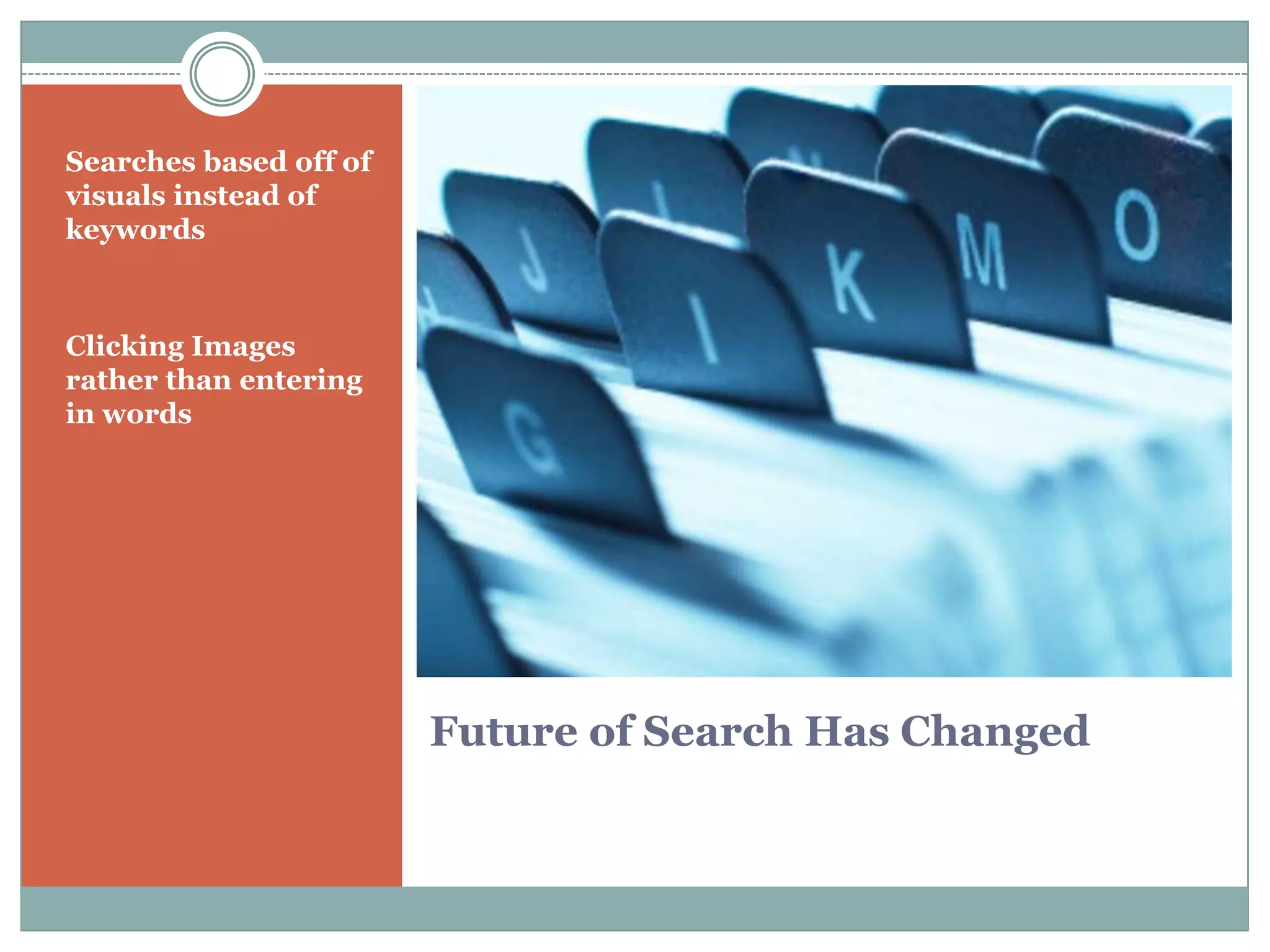 Future of Search Has Changed
Searches based off of
visuals instead of
keywords
Clicking Images
rather than entering
in words
 