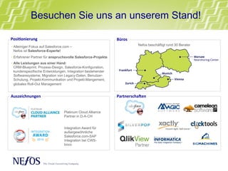 Besuchen Sie uns an unserem Stand!
• Alleiniger Fokus auf Salesforce.com –
Nefos ist Salesforce-Experte!
• Erfahrener Partner für anspruchsvolle Salesforce-Projekte
• Alle Leistungen aus einer Hand:
CRM-Blueprint, Prozess-Design, Salesforce-Konfiguration,
kundenspezifische Entwicklungen, Integration bestehender
Softwaresysteme, Migration von Legacy-Daten, Benutzer-
Schulung, Projekt-Kommunikation und Projekt-Mangement,
globales Roll-Out Management
Posi%onierung	
  
Auszeichnungen	
  
Nefos beschäftigt rund 30 Berater
Büros	
  
Platinum Cloud Alliance
Partner in D-A-CH
Integration Award für
außergewöhnliche
Salesforce.com-SAP
Integration bei CWS-
boco
Partnerscha4en	
  
 