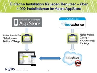 Nefos Mobile for
Salesforce –
Native iOS App
Nefos Mobile
Config –
AppExchange
Package
Einfache Installation für jeden Benutzer – über
4’000 Installationen im Apple AppStore
8	
  
 
