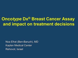 Oncotype Dx® Breast Cancer Assay
and impact on treatment decisions
Noa Efrat (Ben-Baruch), MD
Kaplan Medical Center
Rehovot, Israel
 