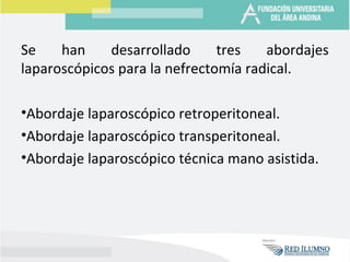 Se han desarrollado tres abordajes
laparoscópicos para la nefrectomía radical.
•Abordaje laparoscópico retroperitoneal.
•Abordaje laparoscópico transperitoneal.
•Abordaje laparoscópico técnica mano asistida.
 