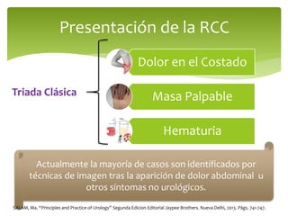 Dolor en el Costado
Masa Palpable
Hematuria
Presentación de la RCC
Triada Clásica
Actualmente la mayoría de casos son identificados por
técnicas de imagen tras la aparición de dolor abdominal u
otros síntomas no urológicos.
SALAM, Ma. “Principles and Practice of Urology” Segunda Edicion Editorial Jaypee Brothers. Nueva Delhi, 2013. Págs. 741-747.
 