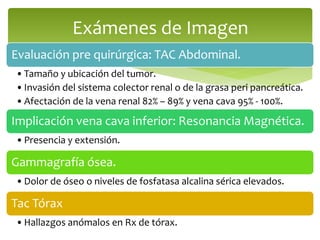 Evaluación pre quirúrgica: TAC Abdominal.
•Tamaño y ubicación del tumor.
•Invasión del sistema colector renal o de la grasa peri pancreática.
•Afectación de la vena renal 82% – 89% y vena cava 95% - 100%.
Implicación vena cava inferior: Resonancia Magnética.
•Presencia y extensión.
Gammagrafía ósea.
•Dolor de óseo o niveles de fosfatasa alcalina sérica elevados.
Tac Tórax
•Hallazgos anómalos en Rx de tórax.
Exámenes de Imagen
 