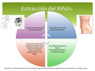 Incisión transperitoneal
o extra peritoneal
Se prefiere la incisión
subcostal anterior.
Se utiliza abordajes de
flanco
toracoabdominales y
retroperitoneales
Exposición abdominal:
exposición del pedículo
renal excelente, pero
tiene un periodo
posoperatorio mas
largo.
Extracción del Riñón.
SALAM, Ma. “Principles and Practice of Urology” Segunda Edicion Editorial Jaypee Brothers. Nueva Delhi, 2013. Págs. 741-747.
 