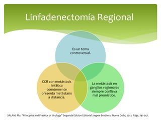 Es un tema
controversial.
La metástasis en
ganglios regionales
siempre conlleva
mal pronóstico.
CCR con metástasis
linfática
comúnmente
presenta metástasis
a distancia.
Linfadenectomía Regional
SALAM, Ma. “Principles and Practice of Urology” Segunda Edicion Editorial Jaypee Brothers. Nueva Delhi, 2013. Págs. 741-747.
 