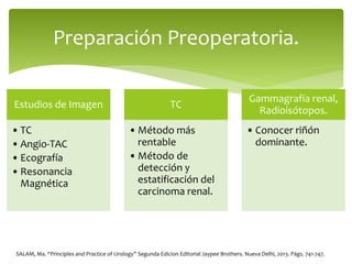 Estudios de Imagen
• TC
• Angio-TAC
• Ecografía
• Resonancia
Magnética
TC
• Método más
rentable
• Método de
detección y
estatificación del
carcinoma renal.
Gammagrafía renal,
Radioisótopos.
• Conocer riñón
dominante.
Preparación Preoperatoria.
SALAM, Ma. “Principles and Practice of Urology” Segunda Edicion Editorial Jaypee Brothers. Nueva Delhi, 2013. Págs. 741-747.
 