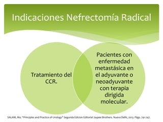 Tratamiento del
CCR.
Pacientes con
enfermedad
metastásica en
el adyuvante o
neoadyuvante
con terapia
dirigida
molecular.
Indicaciones Nefrectomía Radical
SALAM, Ma. “Principles and Practice of Urology” Segunda Edicion Editorial Jaypee Brothers. Nueva Delhi, 2013. Págs. 741-747.
 