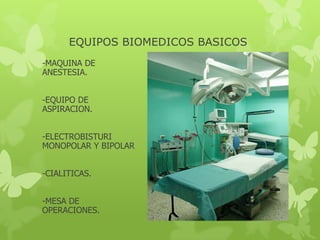 EQUIPOS BIOMEDICOS BASICOS
-MAQUINA DE
ANESTESIA.


-EQUIPO DE
ASPIRACION.


-ELECTROBISTURI
MONOPOLAR Y BIPOLAR


-CIALITICAS.


-MESA DE
OPERACIONES.
 