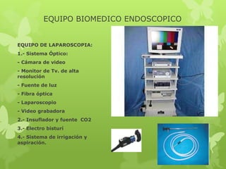 EQUIPO BIOMEDICO ENDOSCOPICO


EQUIPO DE LAPAROSCOPIA:
1.- Sistema Óptico:
- Cámara de video
- Monitor de Tv. de alta
resolución
- Fuente de luz
- Fibra óptica
- Laparoscopio
- Video grabadora
2.- Insuflador y fuente CO2
3.- Electro bisturí
4.- Sistema de irrigación y
aspiración.
 