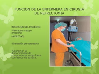 FUNCION DE LA ENFERMERA EN CIRUGIA
           DE NEFRECTOMIA



RECEPCION DEL PACIENTE:
-Valoración y apoyo
emocional
(ANSIEDAD)


-Evaluación pre-operatoria


-Coordinar la
disponibilidad de
componentes sanguíneos
con banco de sangre.
 