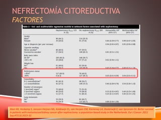 NEFRECTOMÍA CITOREDUCTIVA 
FACTORES 
Aben KK, Heskamp S, Janssen-Heijnen ML, Koldewijn EL, van Herpen CM, Kiemeney LA, Oosterwijk E, van Spronsen DJ. Better survival 
in patients with metastasised kidney cancer after nephrectomy: a population-based study in the Netherlands. Eur J Cancer. 2011 
Sep;47(13):2023-32. 
 