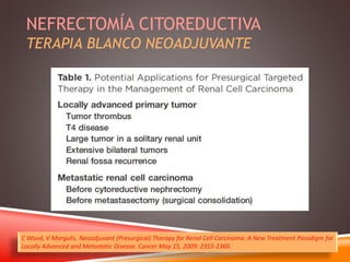 NEFRECTOMÍA CITOREDUCTIVA 
TERAPIA BLANCO NEOADJUVANTE 
C Wood, V Margulis. Neoadjuvant (Presurgical) Therapy for Renal Cell Carcinoma: A New Treatment Paradigm for 
Locally Advanced and Metastatic Disease. Cancer May 15, 2009: 2355-2360. 
 