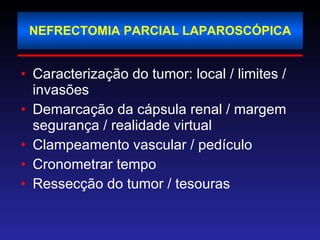 NEFRECTOMIA PARCIAL LAPAROSCÓPICA Caracterização do tumor: local / limites / invasões Demarcação da cápsula renal / margem segurança / realidade virtual Clampeamento vascular / pedículo Cronometrar tempo Ressecção do tumor / tesouras 