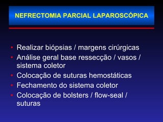 NEFRECTOMIA PARCIAL LAPAROSCÓPICA Realizar biópsias / margens cirúrgicas Análise geral base ressecção / vasos / sistema coletor Colocação de suturas hemostáticas Fechamento do sistema coletor Colocação de bolsters / flow-seal / suturas 