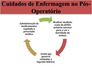 Cuidados de Enfermagem no Pós-
Operatório
Realizar medição
exata do débito
urinário (atentar
para a cor e
densidade da
urina);
Assim que
possível
estimular a
ingestão hídrica;
Administração de
medicamentos
seguindo a
prescrição
médica
 