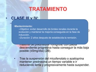 TRATAMIENTO
•

CLASE III y IV:
–

Mantenimiento:

•Mantenimiento: de CE y micofenolato mofetilo (1.5• Dosis bajas
–Objetivo: evitar desarrollo de brotes renales durante la
2g/día) como primera opción frente a azatioprina (2A)
evolución y mantener la mejoría conseguida en la fase de
durante
inducción. al menos 2 años alcanzada la remisión (2C).
–Duración: 2 años después de establecida la remisión.

•

Al inicio de esta fase, si ha habido respuesta, dosis
máxima de prednisona 10mg/día, con pauta
descendiente progresiva hasta conseguir la más baja
posible (≤5mg/día) (2B).

•

Tras la suspensión del micofenolato o azatioprina
mantener prednisona un tiempo variable e ir
reduciendo lenta y progresivamente hasta suspender.

 