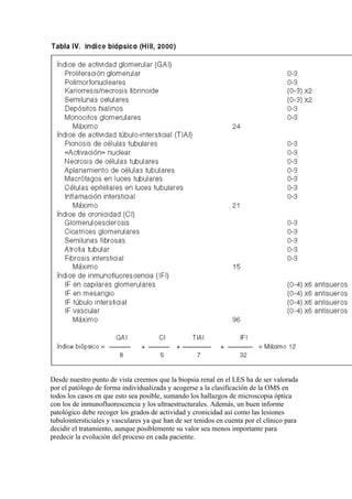 Desde nuestro punto de vista creemos que la biopsia renal en el LES ha de ser valorada
por el patólogo de forma individualizada y acogerse a la clasificación de la OMS en
todos los casos en que esto sea posible, sumando los hallazgos de microscopia óptica
con los de inmunofluorescencia y los ultraestructurales. Además, un buen informe
patológico debe recoger los grados de actividad y cronicidad así como las lesiones
tubulointersticiales y vasculares ya que han de ser tenidos en cuenta por el clínico para
decidir el tratamiento, aunque posiblemente su valor sea menos importante para
predecir la evolución del proceso en cada paciente.
 