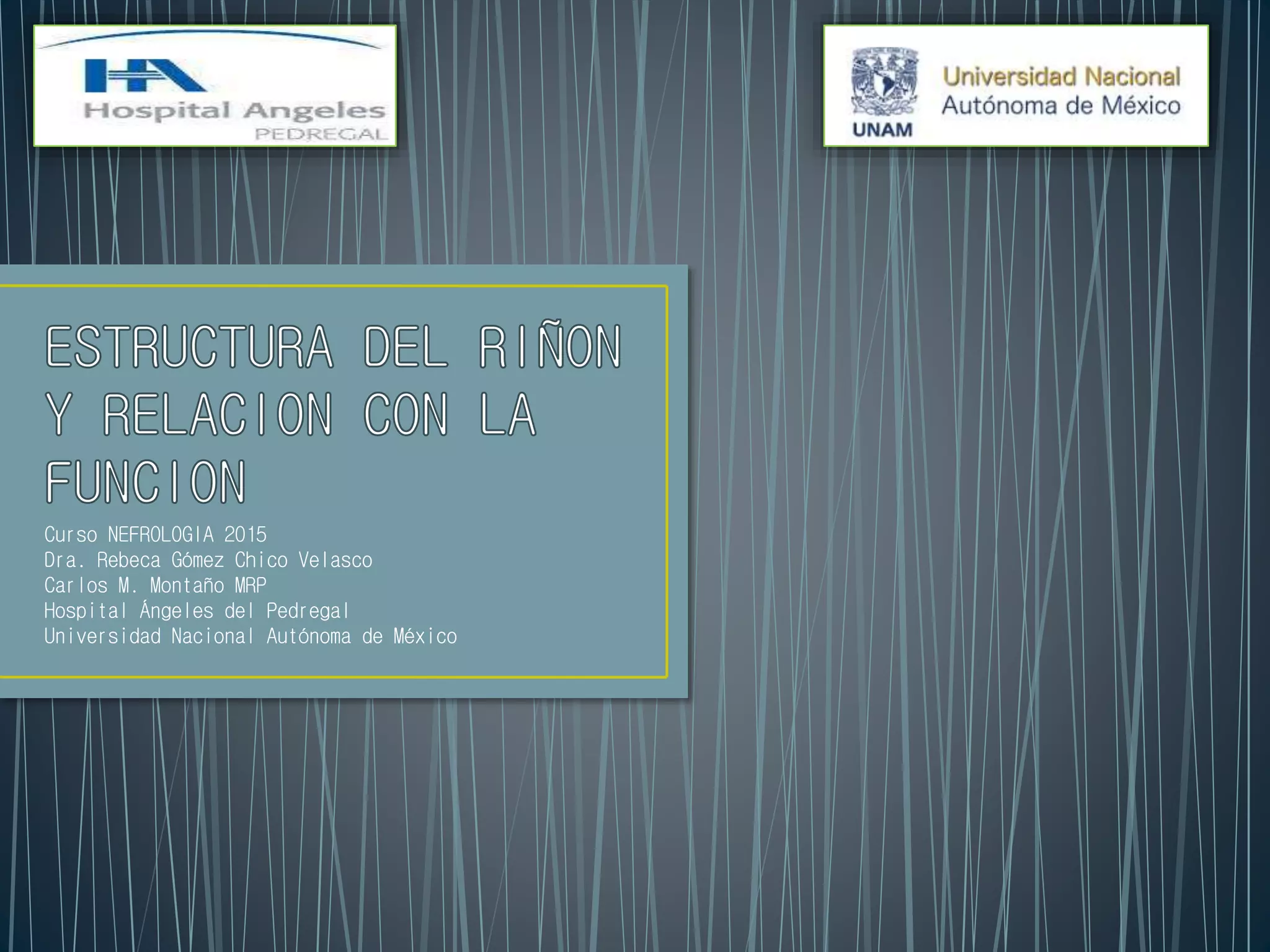 Curso NEFROLOGIA 2015
Dra. Rebeca Gómez Chico Velasco
Carlos M. Montaño MRP
Hospital Ángeles del Pedregal
Universidad Nacional Autónoma de México
 