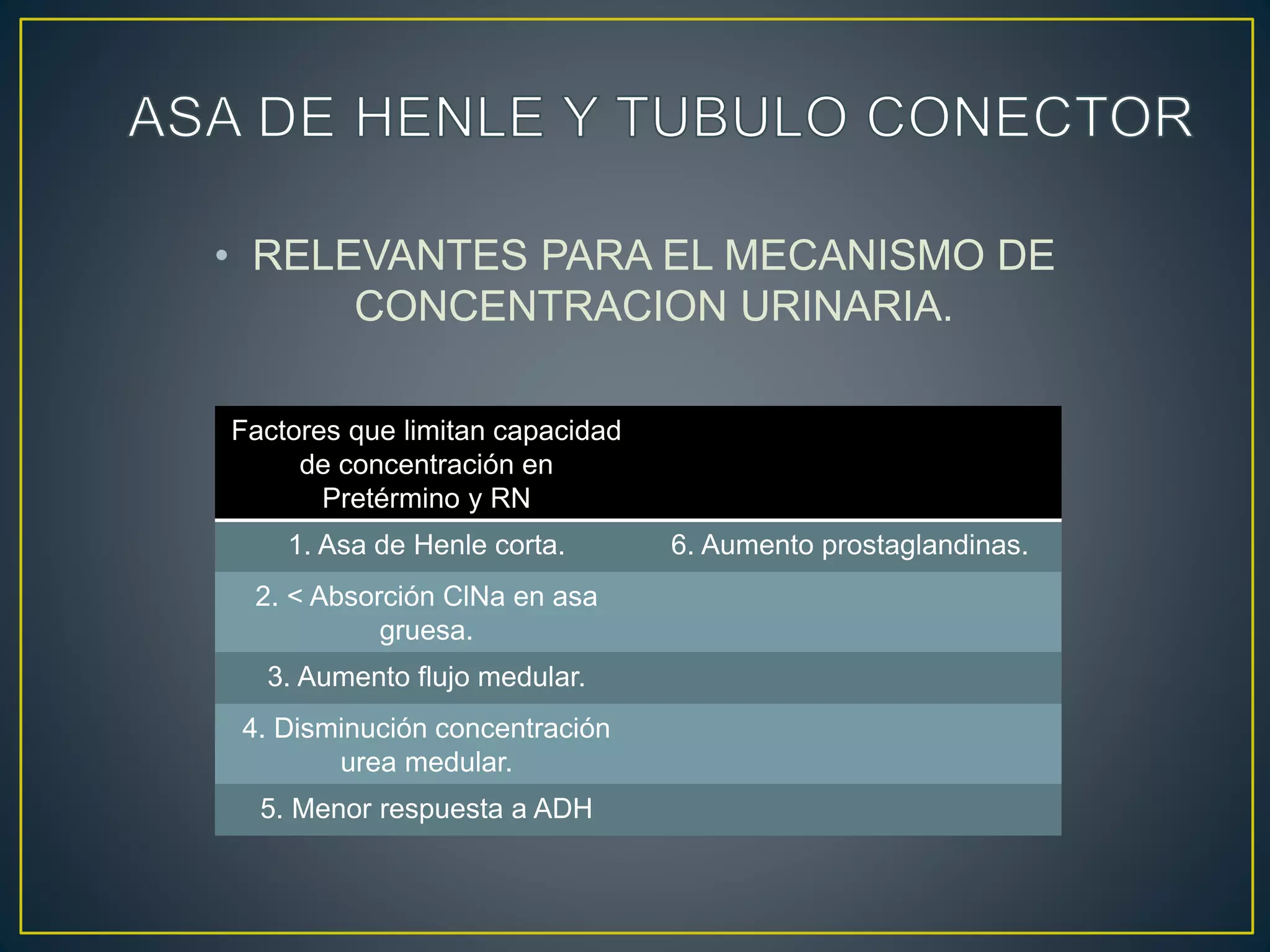 • RELEVANTES PARA EL MECANISMO DE
CONCENTRACION URINARIA.
Factores que limitan capacidad
de concentración en
Pretérmino y RN
1. Asa de Henle corta. 6. Aumento prostaglandinas.
2. < Absorción ClNa en asa
gruesa.
3. Aumento flujo medular.
4. Disminución concentración
urea medular.
5. Menor respuesta a ADH
 