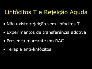 Não existe rejeição sem linfócitos T Experimentos de transferência adotiva Presença marcante em RAC Terapia anti-linfócitos T Linfócitos T e Rejeição Aguda 