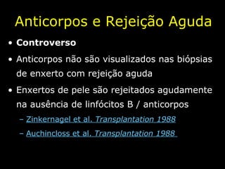 Anticorpos e Rejeição Aguda Controverso Anticorpos não são visualizados nas biópsias de enxerto com rejeição aguda Enxertos de pele são rejeitados agudamente na ausência de linfócitos B  /  anticorpos Zinkernagel et al.  Transplantation 1988 Auchincloss et al.  Transplantation 1988   