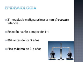  2°neoplasia maligna primaria mas frecuente
 infancia.

 Relación    varón a mujer de 1-1

 80%    antes de los 5 años

 Pico   máximo en 3-4 años
 
